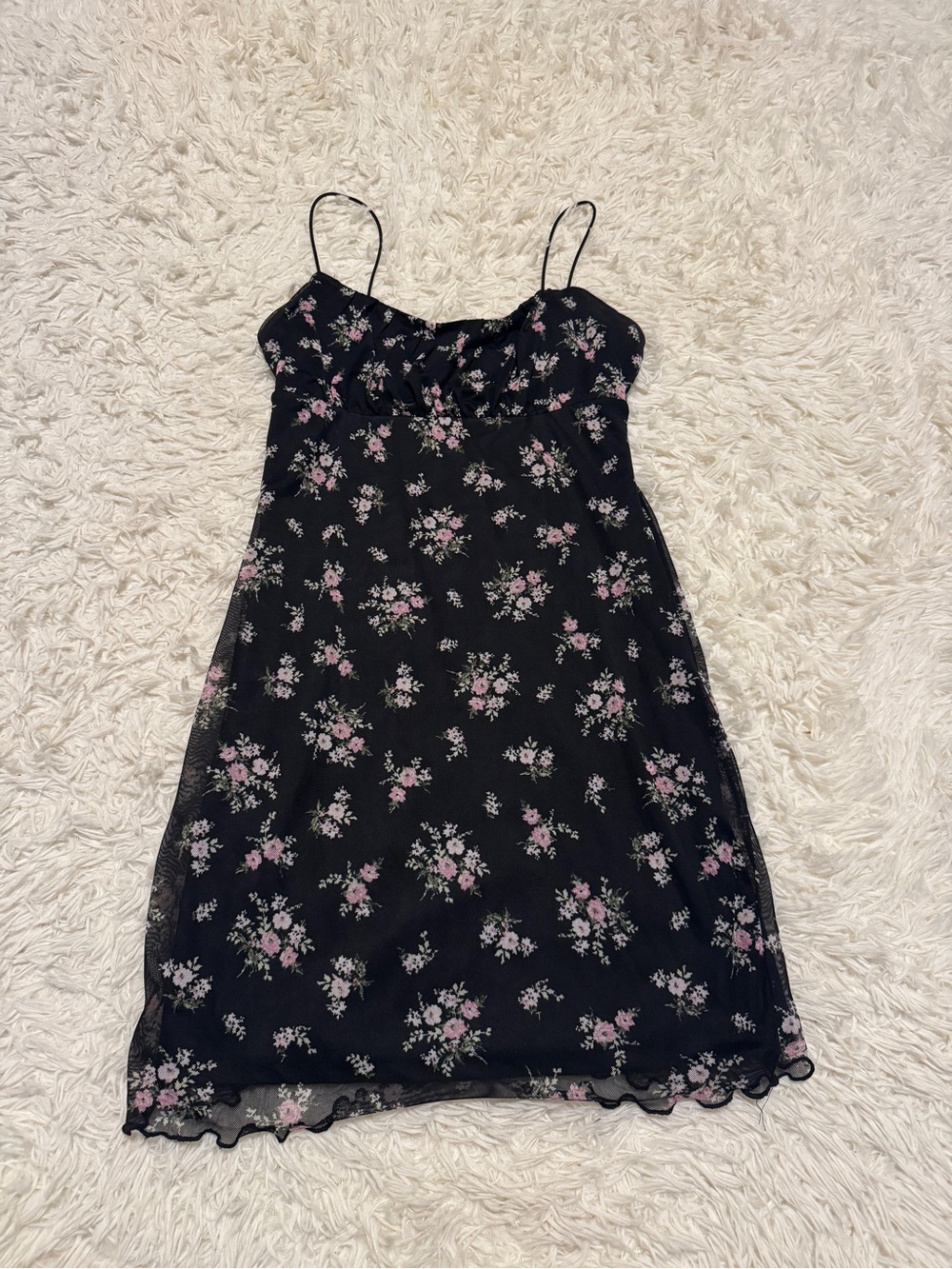 Floral Black Mini Slip Dress with Pink Blossoms